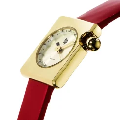 LIP Montre Mach 2000 Mini Square Doré cadran doré fond doré bracelet cuir de vache rouge