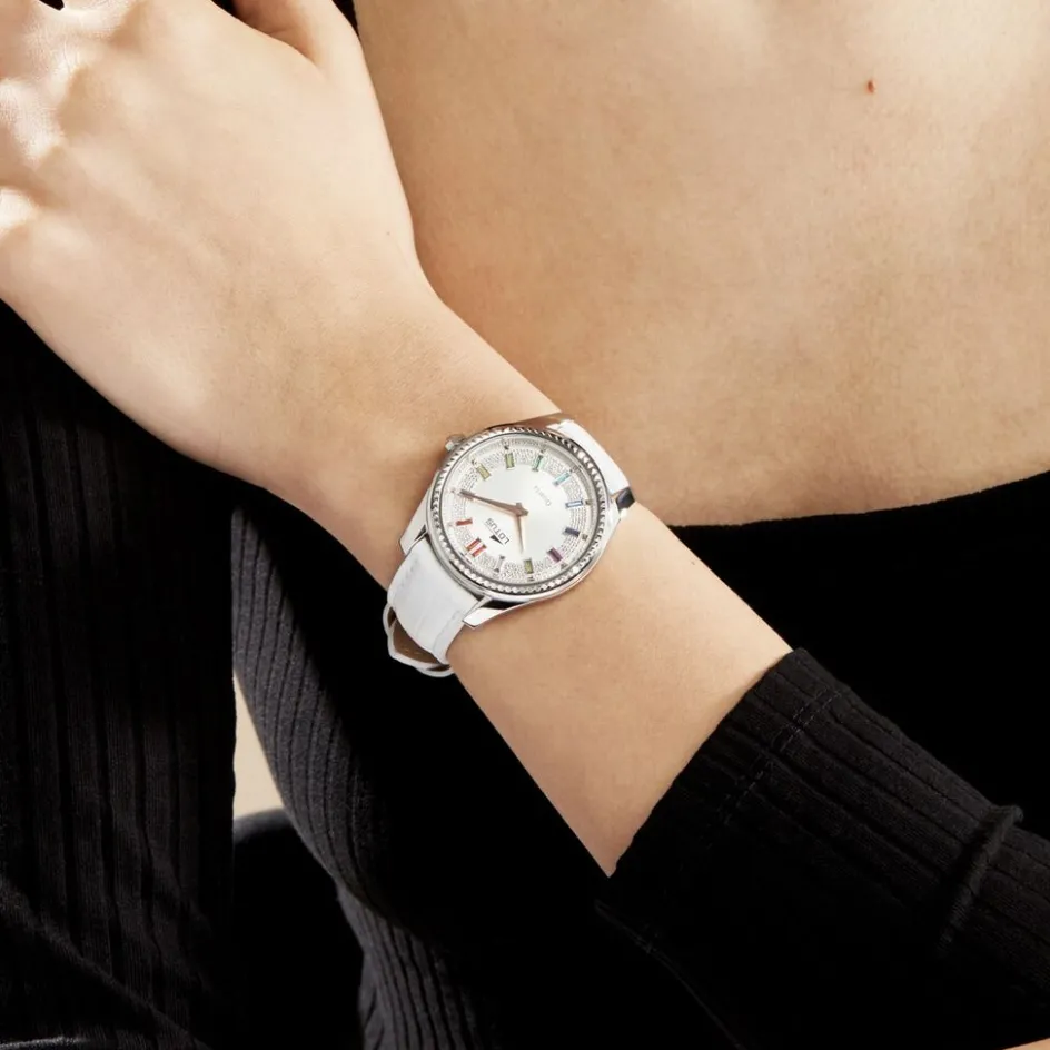 Best LOTUS Montre Bliss Argenté cadran doré fond argenté bracelet cuir blanc