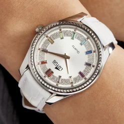 Best LOTUS Montre Bliss Argenté cadran doré fond argenté bracelet cuir blanc