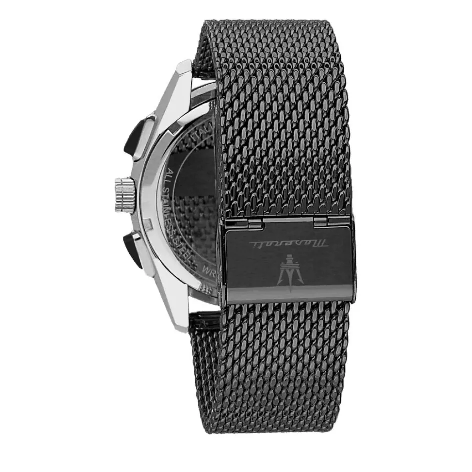 Best MASERATI Montre Traguardo Noir cadran argenté fond noir bracelet acier gris