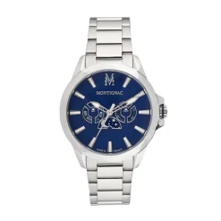 Hot MONTIGNAC Montre Round Multifonction Bleu cadran argenté fond bleu bracelet acier argenté