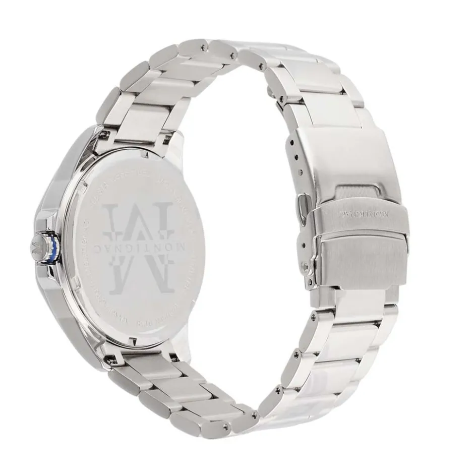 Hot MONTIGNAC Montre Round Multifonction Bleu cadran argenté fond bleu bracelet acier argenté