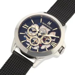 New MONTIGNAC Montre Round Noir cadran argenté fond noir bracelet acier noir