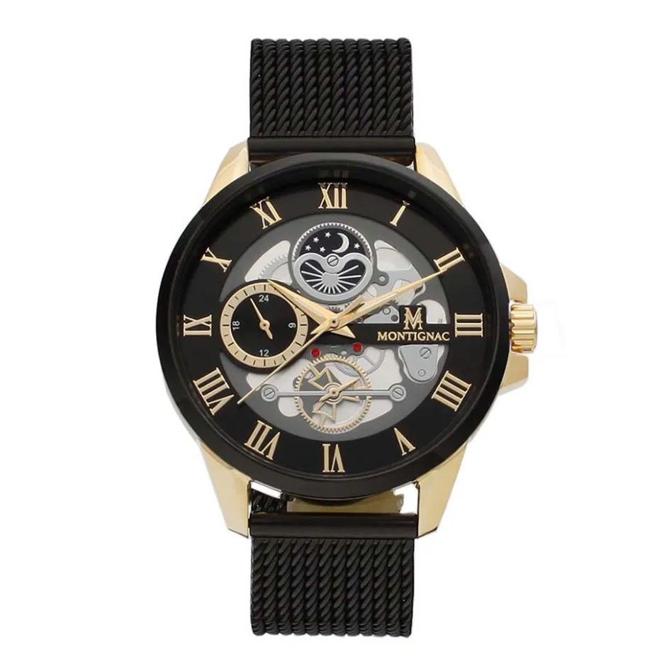 Clearance MONTIGNAC Montre Round Noir cadran doré fond noir bracelet acier noir