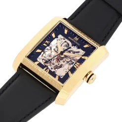 Best MONTIGNAC Montre Square Automatique Noir cadran doré fond noir bracelet cuir de vache noir