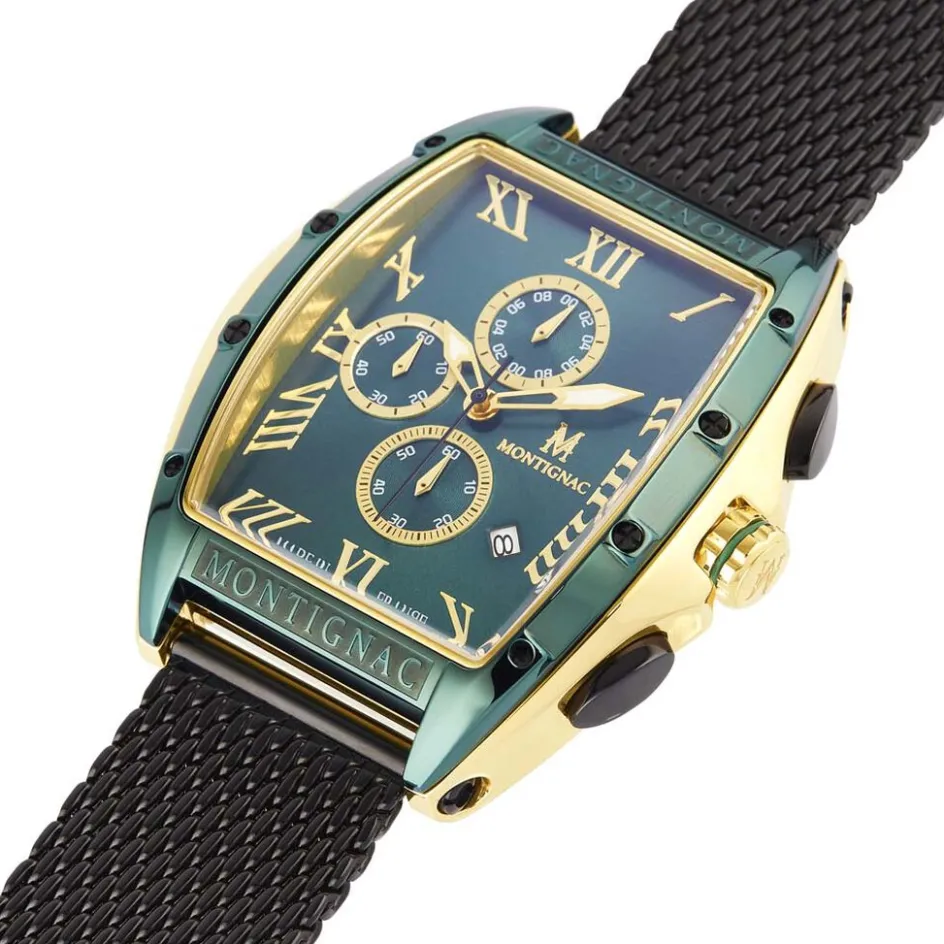 Best MONTIGNAC Montre Tonneau Vert cadran doré fond vert bracelet acier noir