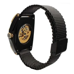 Online MONTIGNAC Montre Tonneau Automatique Noir cadran doré fond noir bracelet acier noir