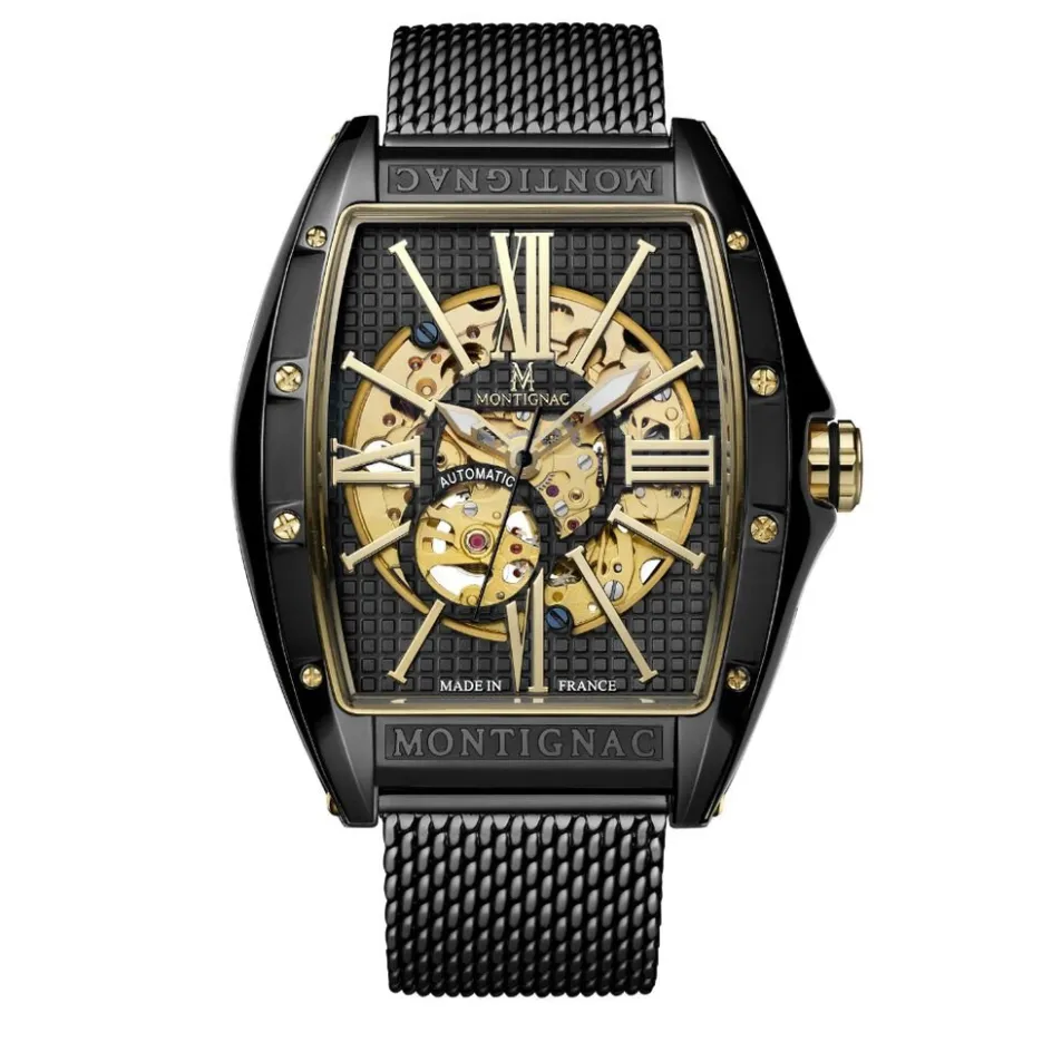 Sale MONTIGNAC Montre Tonneau Automatique Noir cadran noir fond noir bracelet acier noir