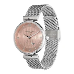 Clearance OLIVIA BURTON Montre Minima Bee Rose cadran argenté fond rose bracelet acier blanc