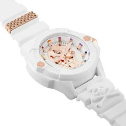 Hot PHILIPP PLEIN Montre The Skull Ecoceramic Blanc cadran blanc fond blanc bracelet silicone blanc