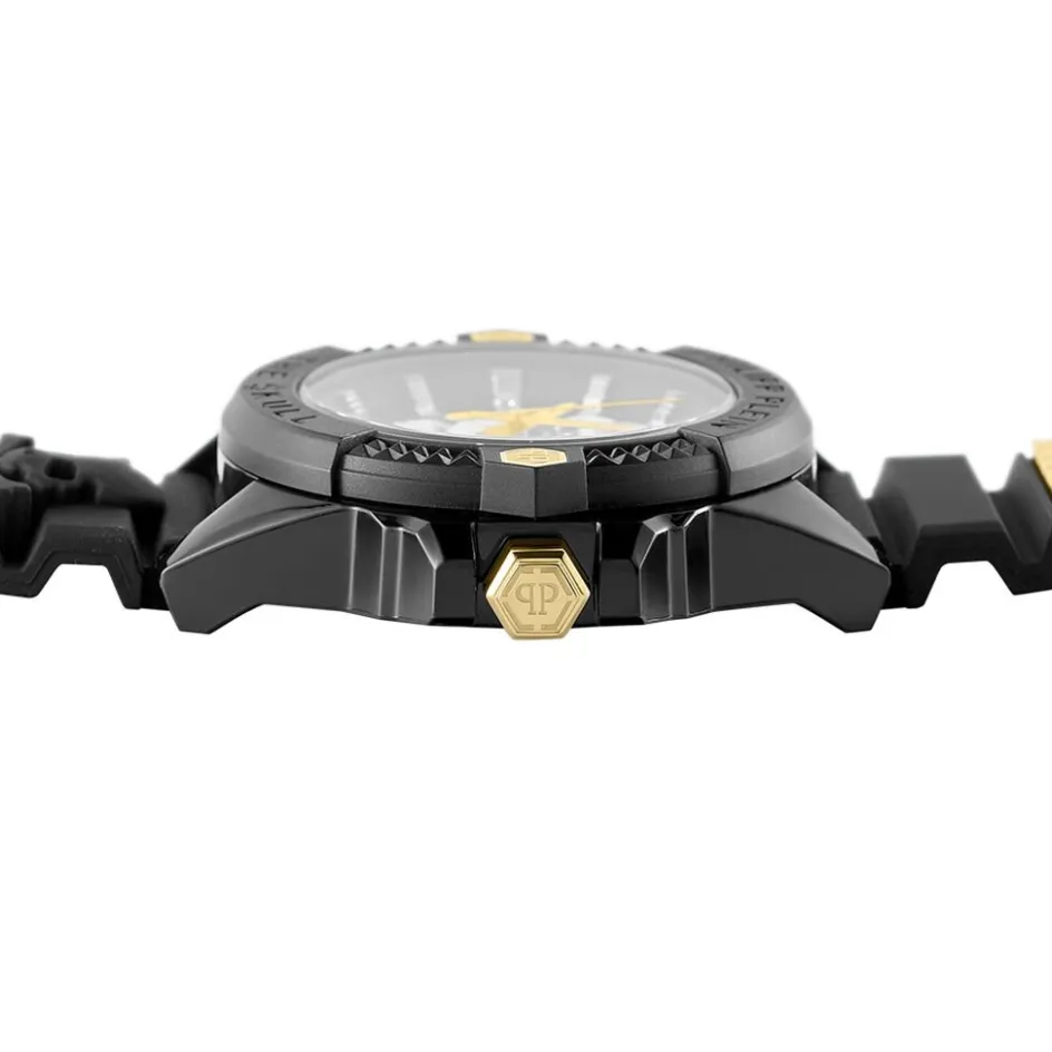 Online PHILIPP PLEIN Montre The Skull Ecoceramic Noir cadran noir fond noir bracelet silicone noir