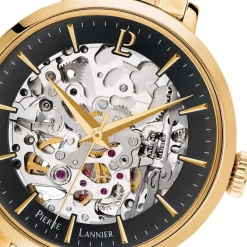 Clearance PIERRE LANNIER Montre Automatique 35 Noir cadran doré fond noir bracelet acier doré