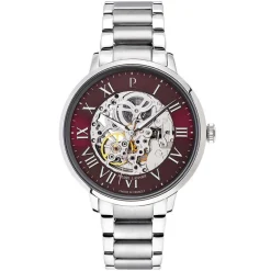 Sale PIERRE LANNIER Montre Automatique 42 Bordeaux cadran argenté fond bordeaux bracelet acier argenté