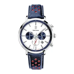 Clearance PIERRE LANNIER Montre Baron Blanc cadran argenté fond blanc bracelet cuir bleu