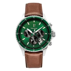 Best PIERRE LANNIER Montre Cronos Vert cadran argenté fond vert bracelet cuir marron
