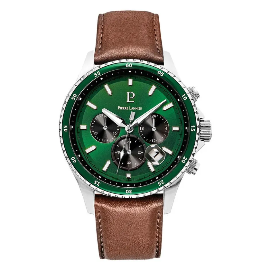 Best PIERRE LANNIER Montre Cronos Vert cadran argenté fond vert bracelet cuir marron