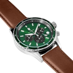Best PIERRE LANNIER Montre Cronos Vert cadran argenté fond vert bracelet cuir marron
