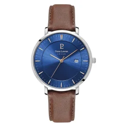 Best PIERRE LANNIER Montre Inti Bleu cadran argenté fond bleu bracelet cuir brun