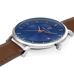 Best PIERRE LANNIER Montre Inti Bleu cadran argenté fond bleu bracelet cuir brun