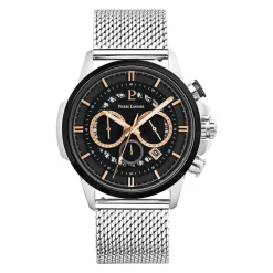 Sale PIERRE LANNIER Montre Sentinelle Noir cadran argenté fond noir bracelet acier argenté