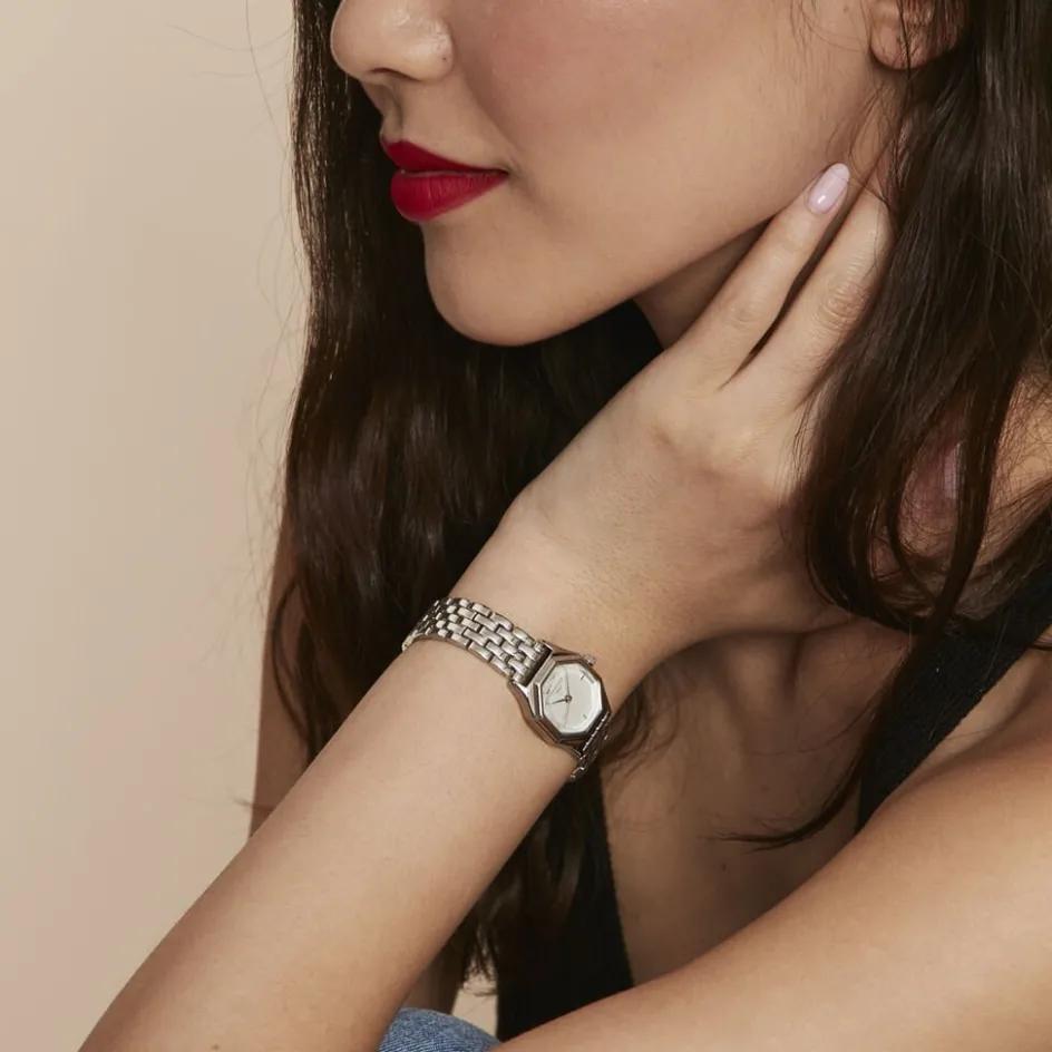 Clearance ROSEFIELD Montre Gemme Blanc cadran argenté fond blanc bracelet acier argenté
