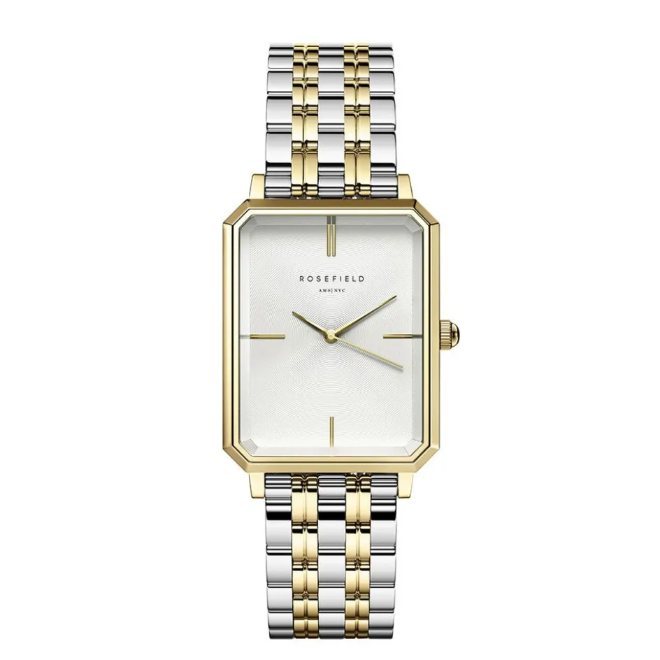 Best ROSEFIELD Montre Octagon Blanc cadran doré fond blanc bracelet acier doré