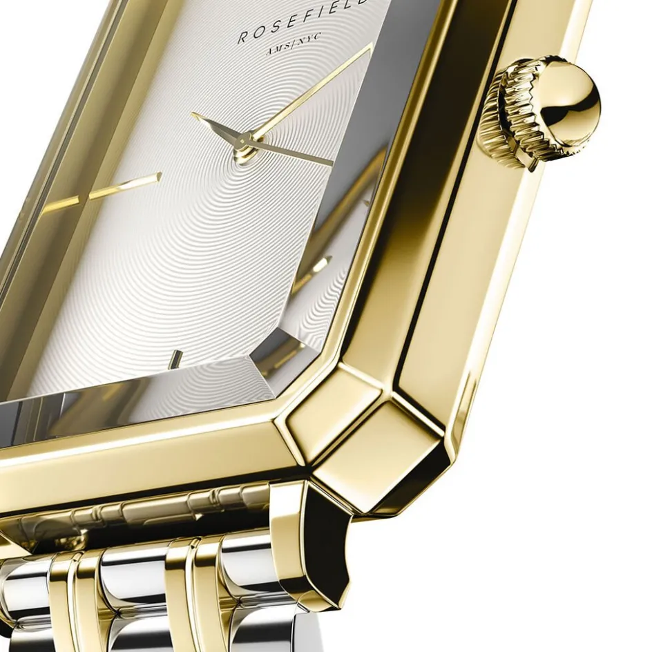 Best ROSEFIELD Montre Octagon Blanc cadran doré fond blanc bracelet acier doré