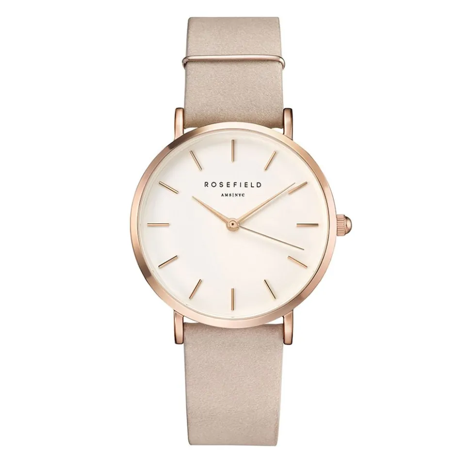 Best ROSEFIELD Montre West Village Blanc cadran doré rose fond blanc bracelet cuir beige