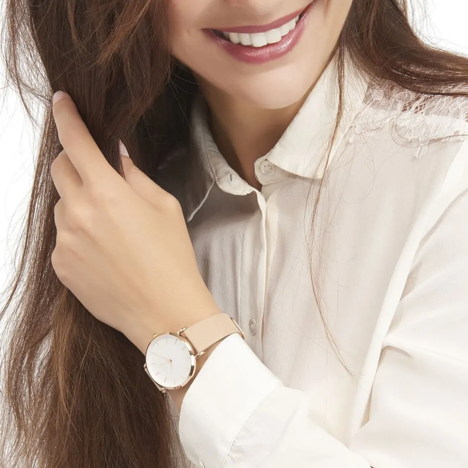 Best ROSEFIELD Montre West Village Blanc cadran doré rose fond blanc bracelet cuir beige