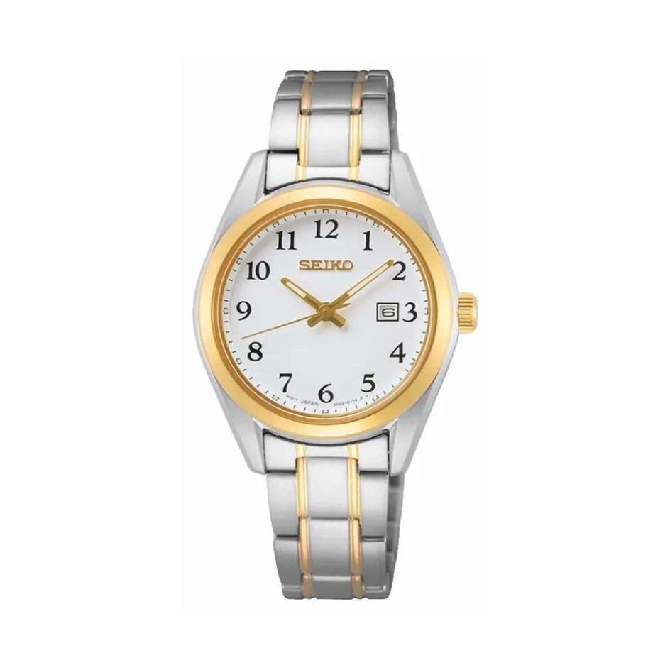 Outlet SEIKO Montre Classique Blanc cadran argenté fond blanc bracelet acier gris