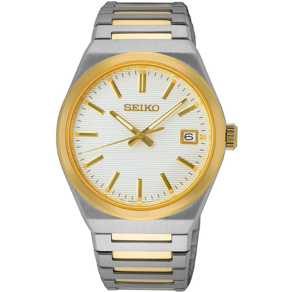 Online SEIKO Montre Classique Blanc cadran argenté fond blanc bracelet acier bicolore