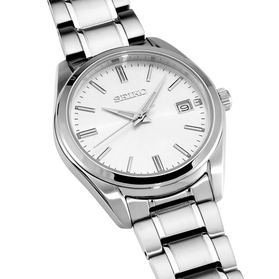 Clearance SEIKO Montre Classique Blanc cadran argenté fond blanc bracelet acier argenté