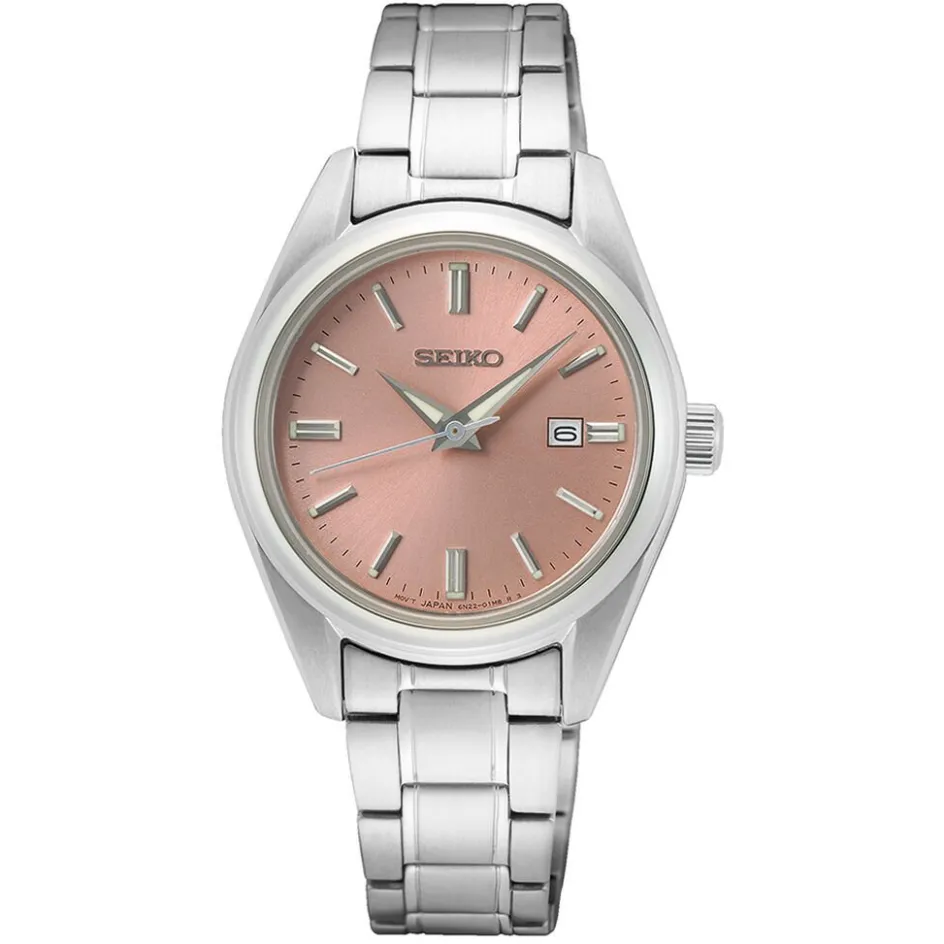 Discount SEIKO Montre Classique Rose cadran argenté fond rose bracelet acier argenté
