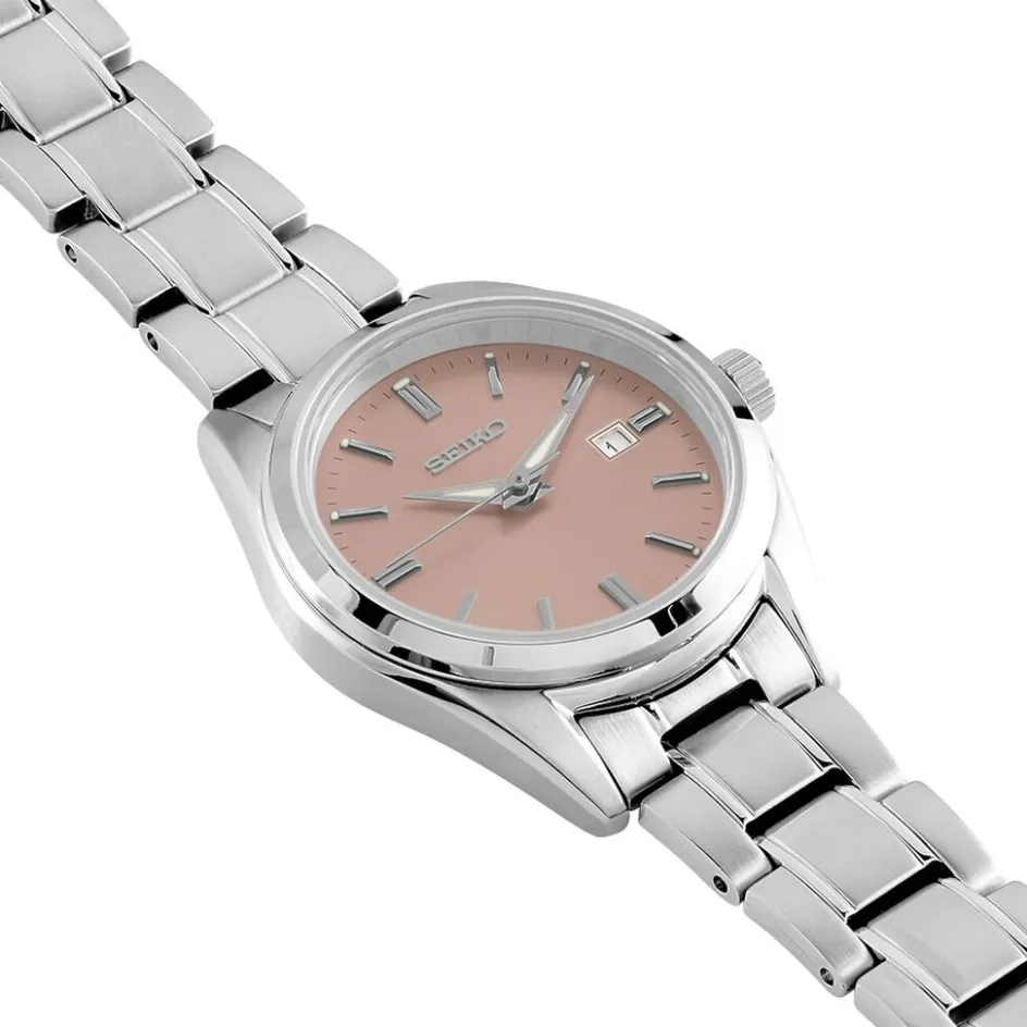 Discount SEIKO Montre Classique Rose cadran argenté fond rose bracelet acier argenté