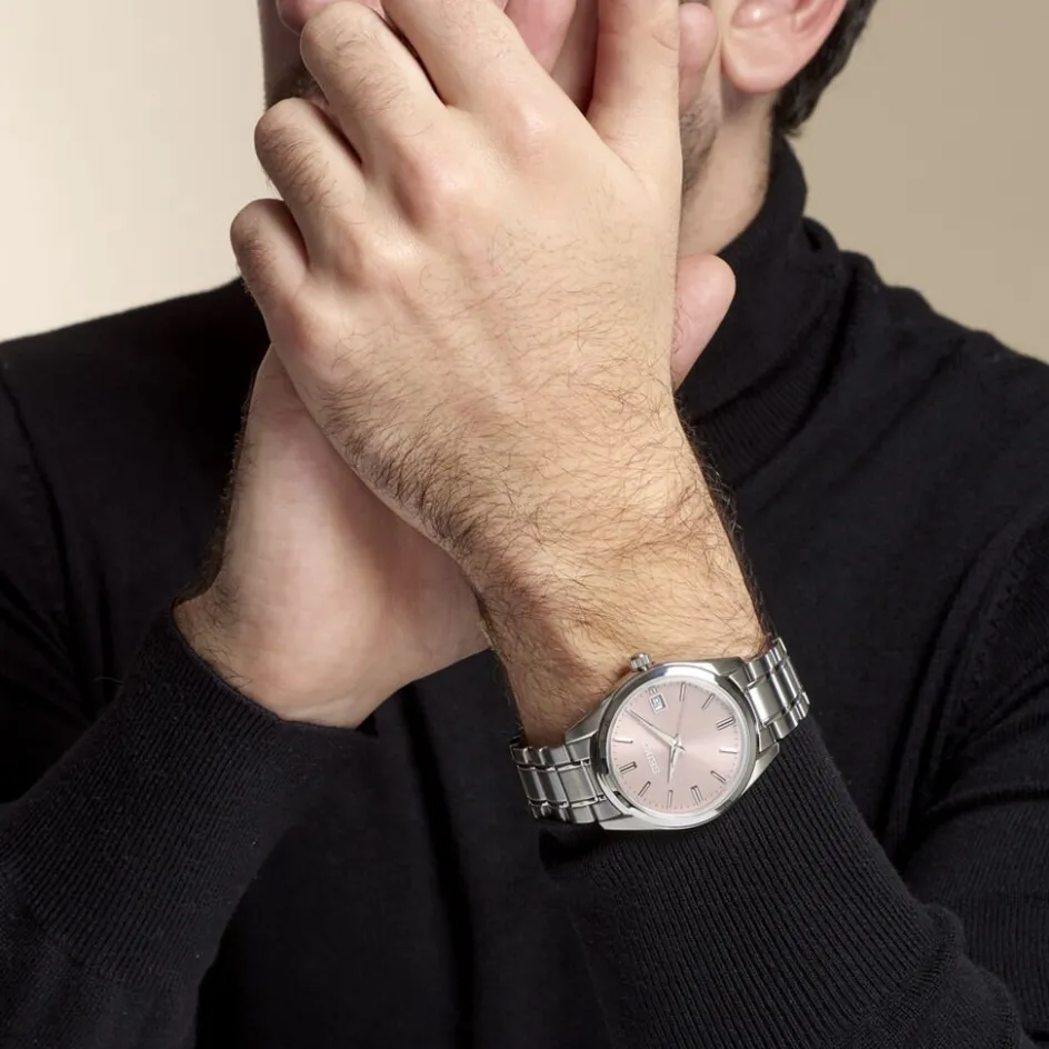 New SEIKO Montre Classique Rose cadran argenté fond rose bracelet acier argenté