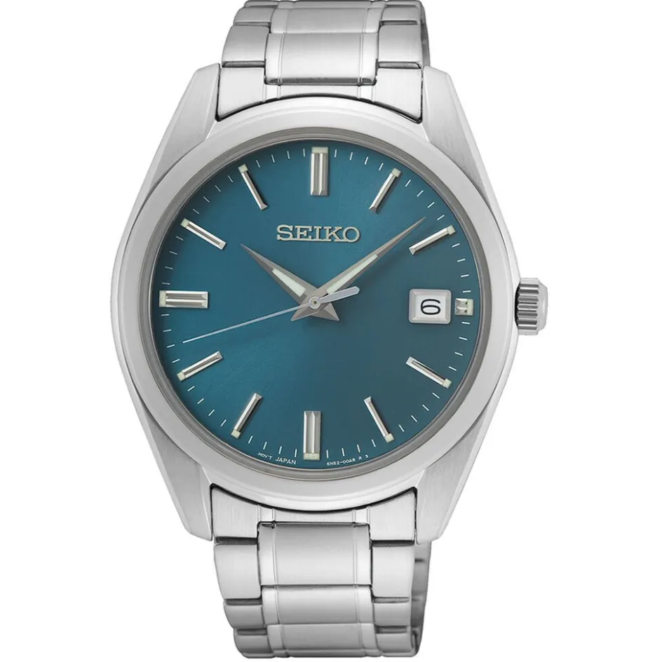 SEIKO Montre Classique Turquoise cadran argenté fond turquoise bracelet acier argenté