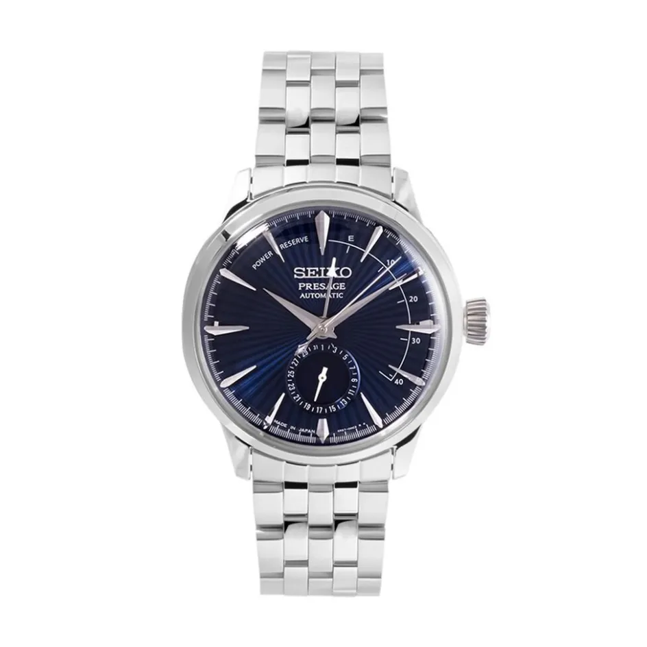 Hot SEIKO Montre Presage Cocktail Bleu Foncé cadran argenté fond bleu bracelet acier gris