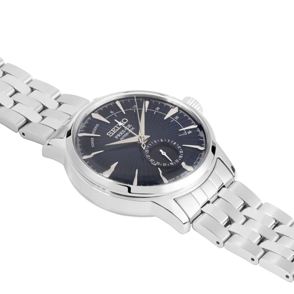 Hot SEIKO Montre Presage Cocktail Bleu Foncé cadran argenté fond bleu bracelet acier gris
