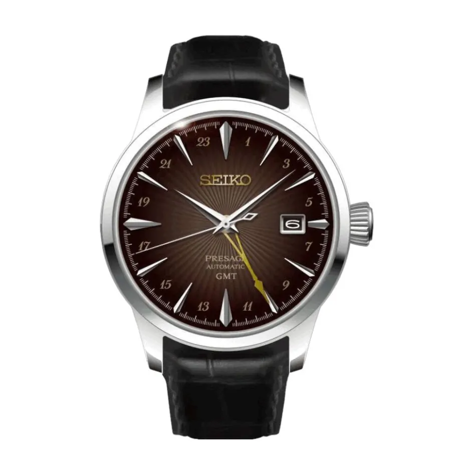 Outlet SEIKO Montre Presage Cocktail Marron cadran argenté fond marron bracelet cuir de vache marron