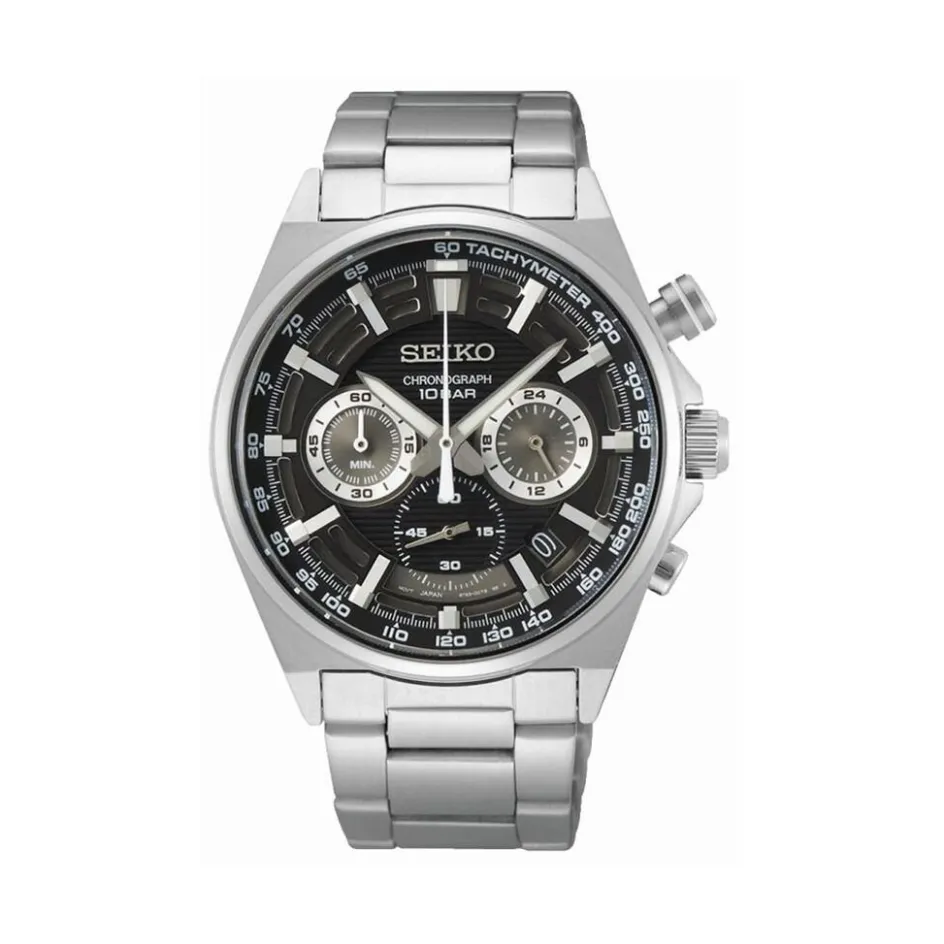 Best SEIKO Montre Sport Noir cadran argenté fond noir bracelet acier gris