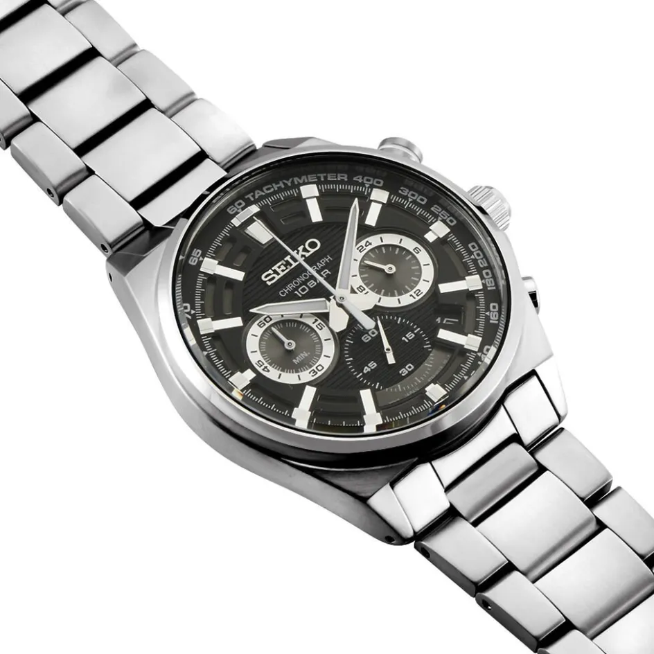 Best SEIKO Montre Sport Noir cadran argenté fond noir bracelet acier gris