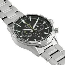 Sale SEIKO Montre Sport Noir cadran argenté fond noir bracelet acier argenté