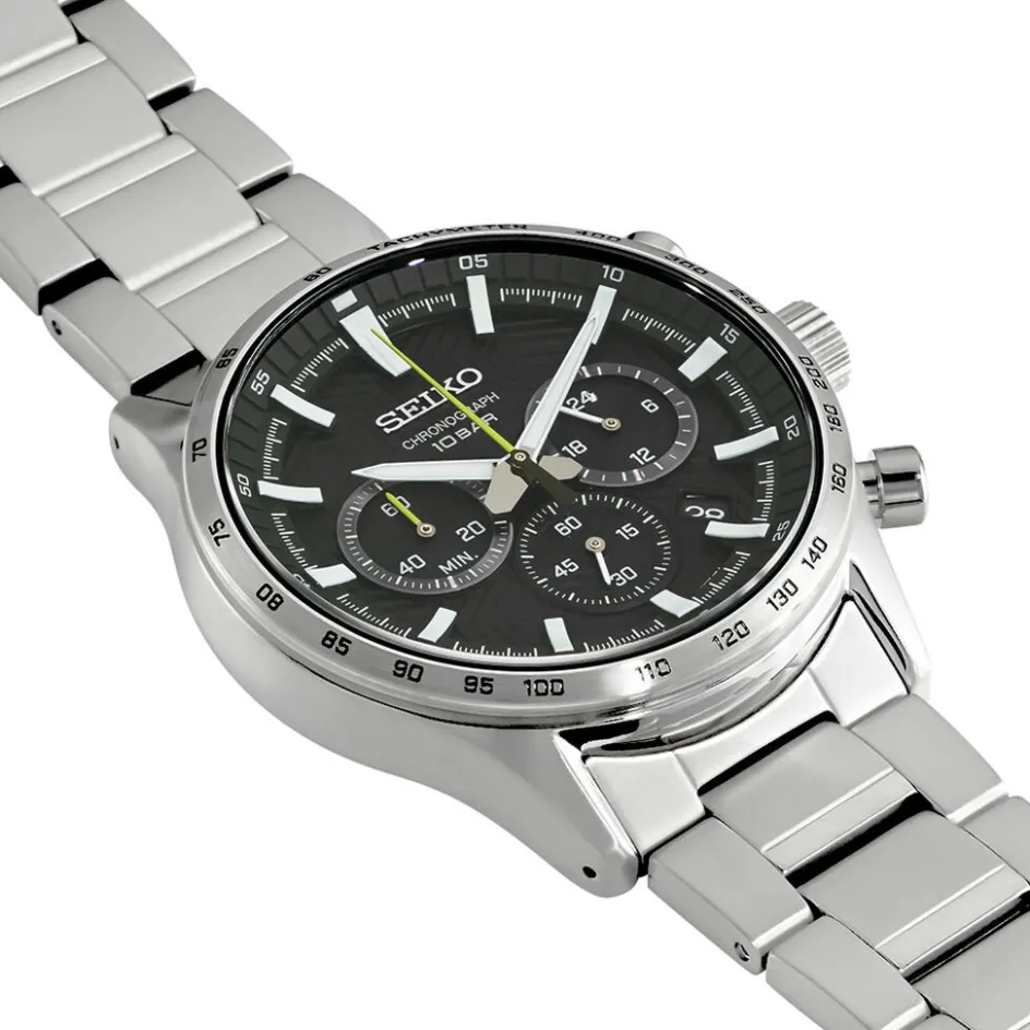 Sale SEIKO Montre Sport Noir cadran argenté fond noir bracelet acier argenté