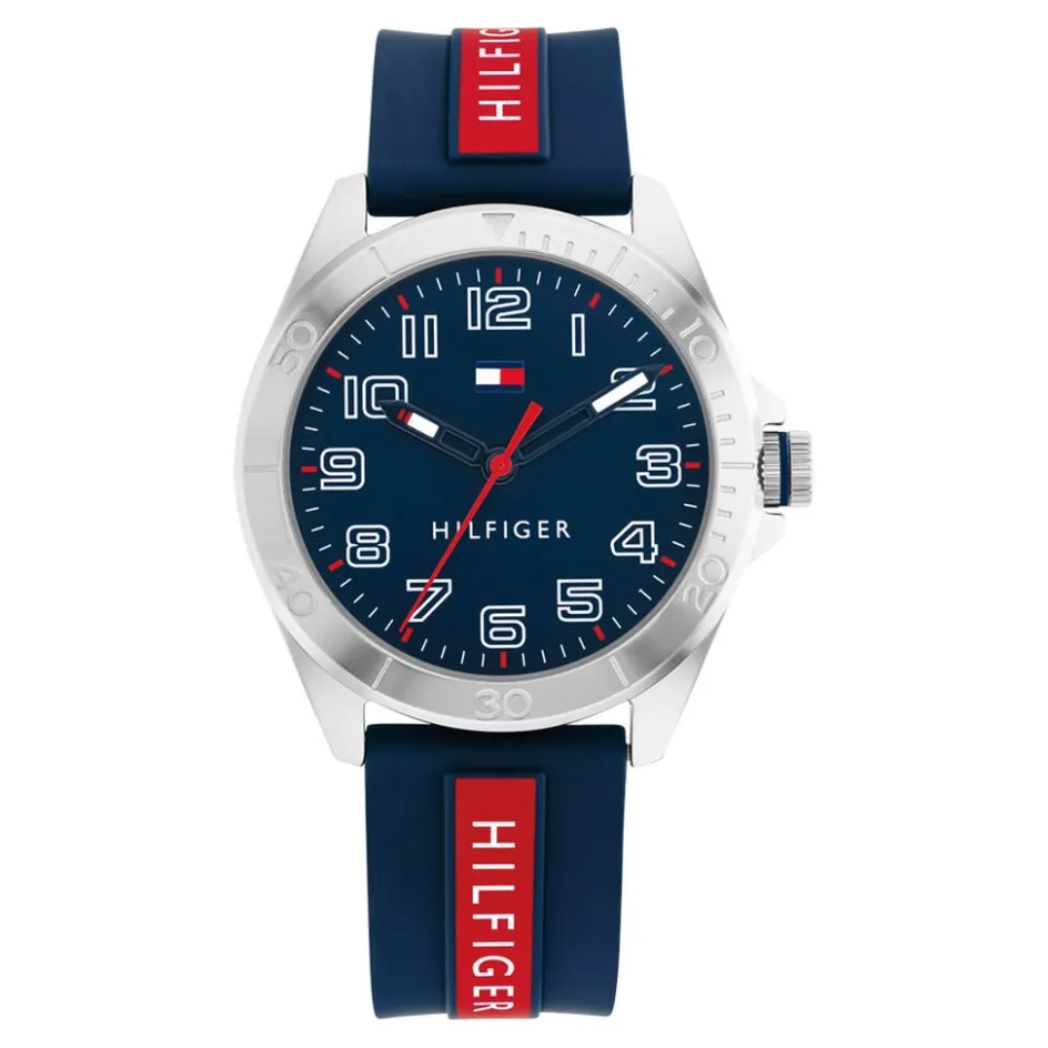 Online TOMMY HILFIGER Montre Boys Bleu cadran argenté fond bleu bracelet silicone bicolore