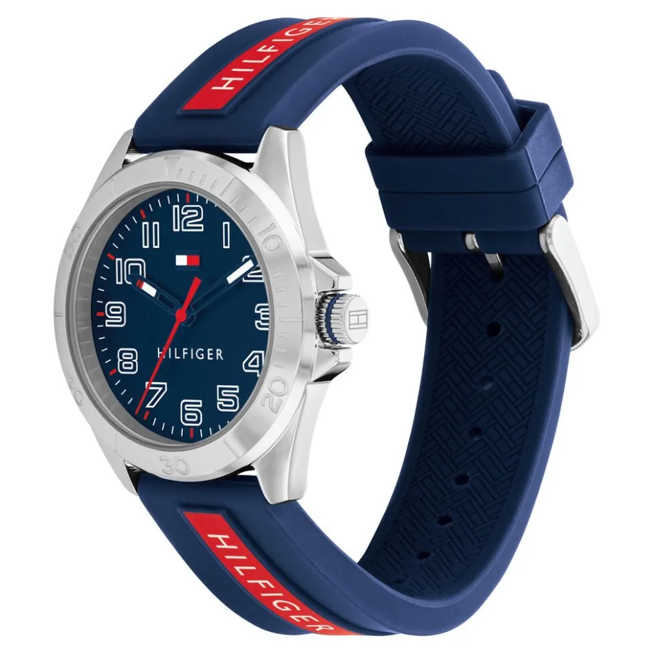 Online TOMMY HILFIGER Montre Boys Bleu cadran argenté fond bleu bracelet silicone bicolore