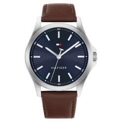 Sale TOMMY HILFIGER Montre Bruce Bleu cadran argenté fond bleu bracelet cuir de veau marron