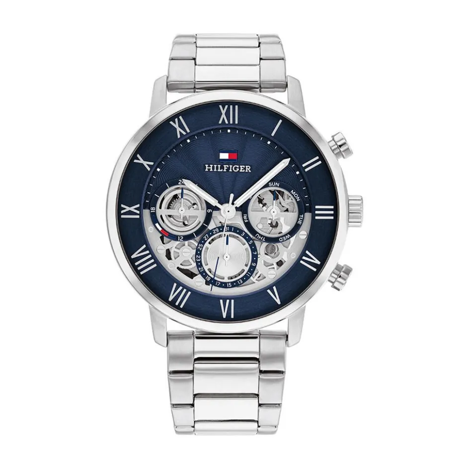 Hot TOMMY HILFIGER Montre Legend Bleu cadran argenté fond bleu bracelet acier argenté