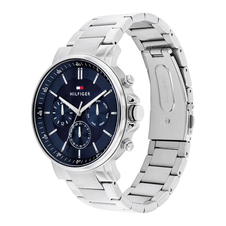 Clearance TOMMY HILFIGER Montre Tyson Bleu cadran blanc fond bleu bracelet acier argenté