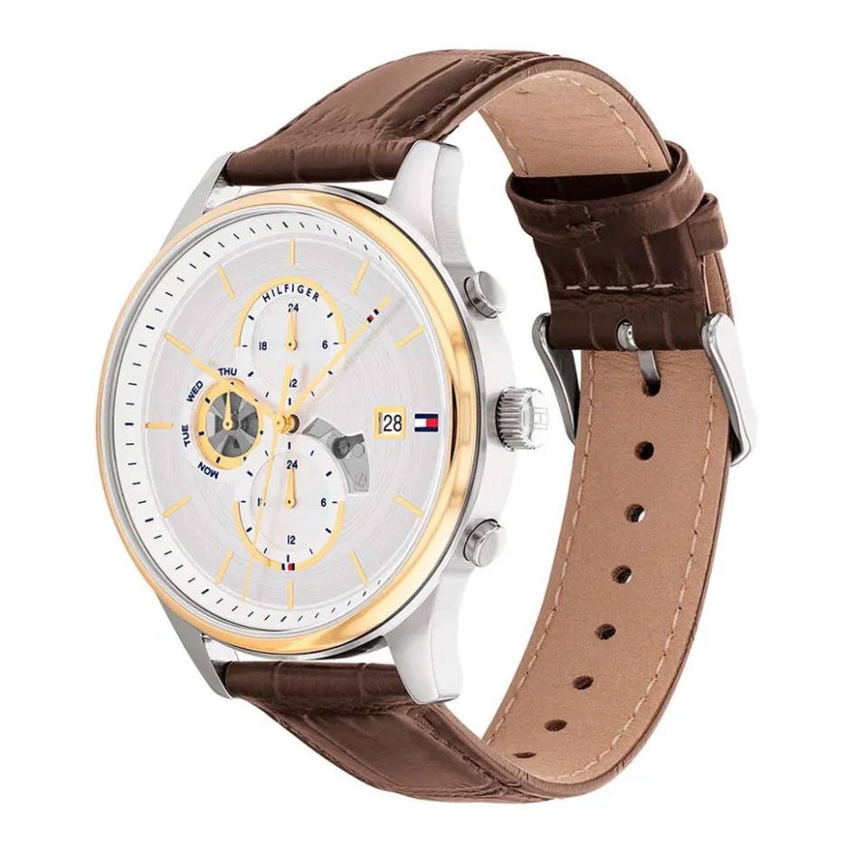 Discount TOMMY HILFIGER Montre Weston Argenté cadran bicolore jaune / blanc fond argenté bracelet cuir marron