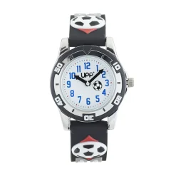 UPP Montre Ballon Blanc cadran noir fond blanc bracelet plastique noir